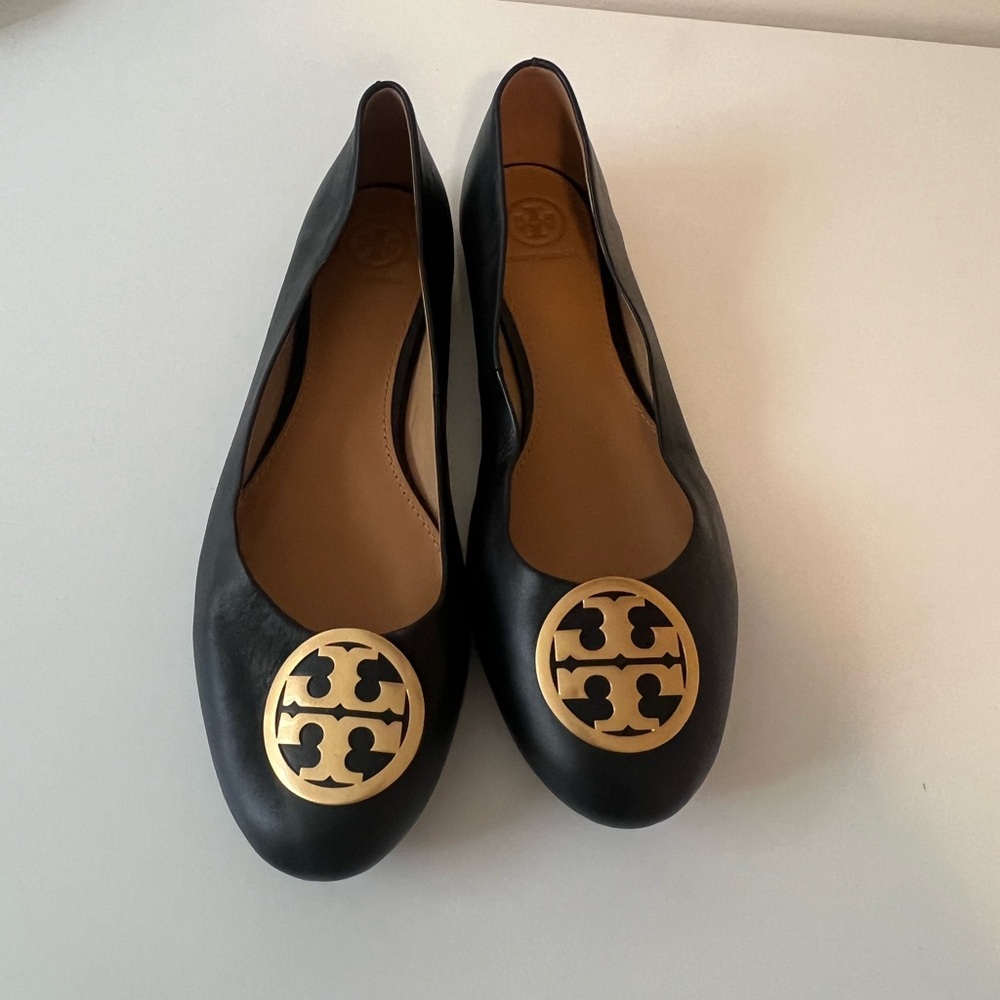 Tory Burch Black Leather Gold Logo Flats